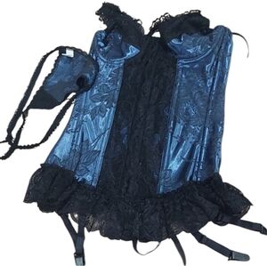 Shirley of Hollywood long line bustier blue jacquard fabric lace trim size 32
